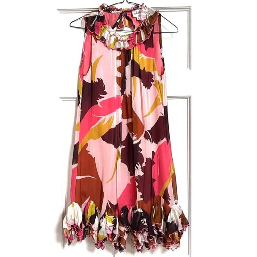 Milly of New York Silk Bold Botanical Print Ruffled Hem Dress 4 - Picture 3 of 10